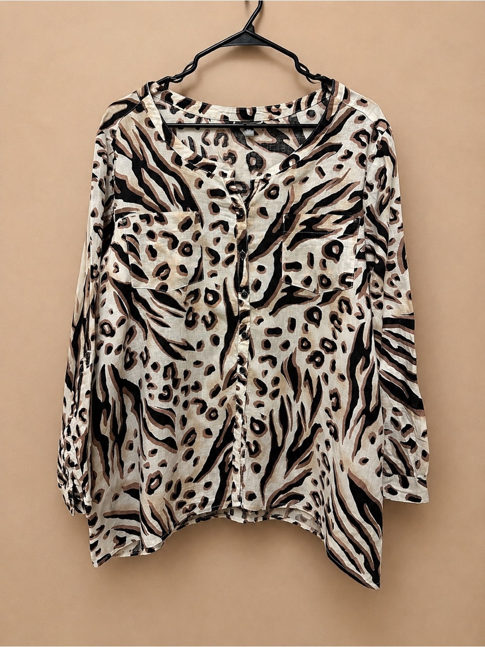JM Collection Animal Print Button-Down Top in Beige Brown Black